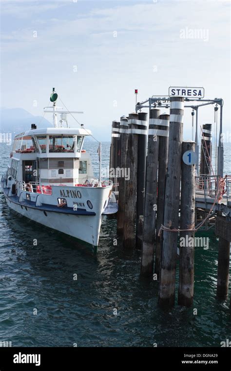 Ferry stopped at Stresa, Lake Maggiore, Italy, with view of lake and ...