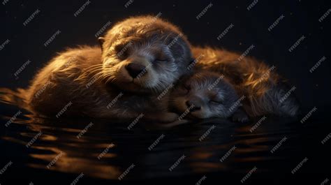 Premium AI Image | Baby otter sleeping on mommy otter water ripples ...