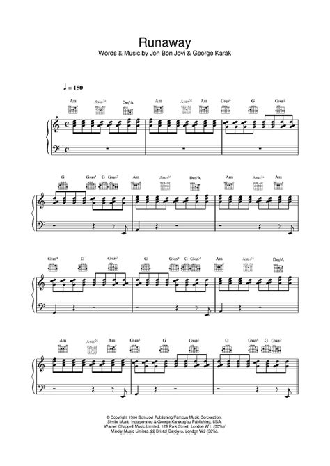 Runaway" Sheet Music by Bon Jovi for Piano/Vocal/Chords - Sheet Music Now