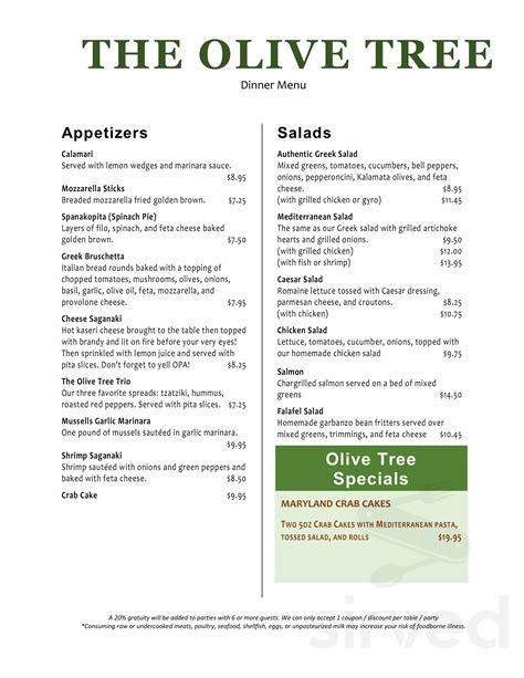 The Olive Tree Restaurant menu in Villa Rica, Georgia, USA