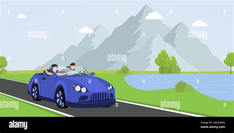 Family road trip flat vector illustration. Cheerful young couple, happy ...