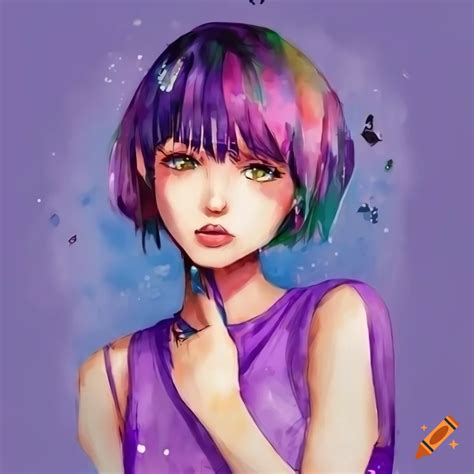 Anime girl with blunt bangs and short hair wearing a purple sleeveless t-shirt on Craiyon