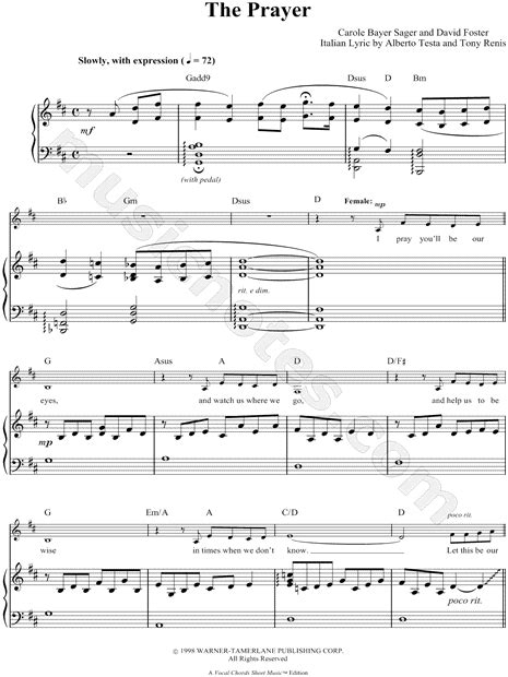 Josh Groban "The Prayer" Sheet Music in D Major (transposable ...