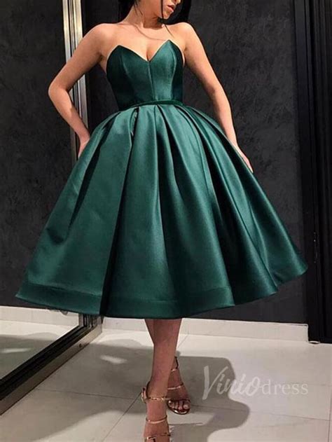 Strapless Dark Green Tea Length Prom Dresses with Pockets SD1178 | Green prom dress, Green ...