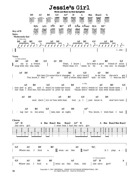 Jessie's Girl by Rick Springfield - Guitar Lead Sheet - Guitar Instructor