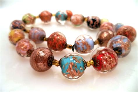 Venetian Glass Bead Necklace Gold Speckle Glass Beads Murano