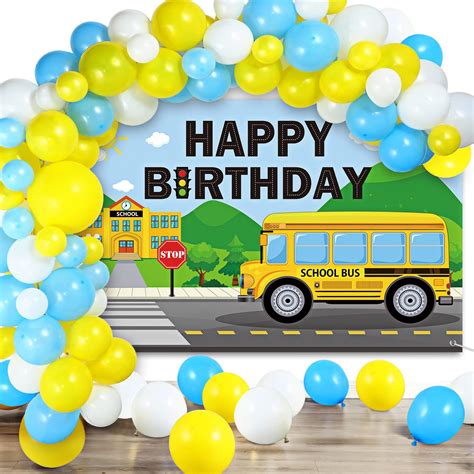 Buy Charnoel School Bus Birthday Party Decorations Theme Happy Backdrop Banner 92 Pieces Blue ...