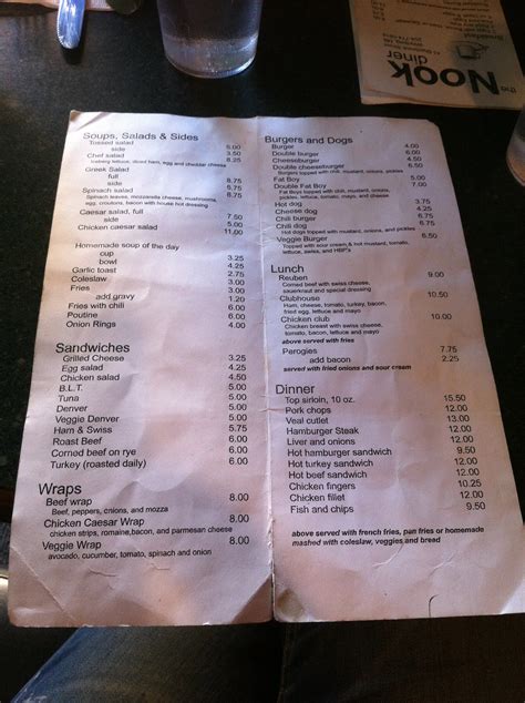 Menu at The Nook restaurant, Winnipeg