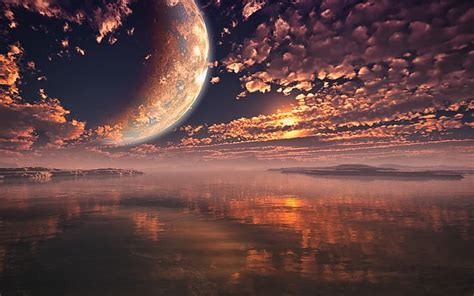 HD wallpaper: Moon, sea, water, render, reflection, clouds, sky ...