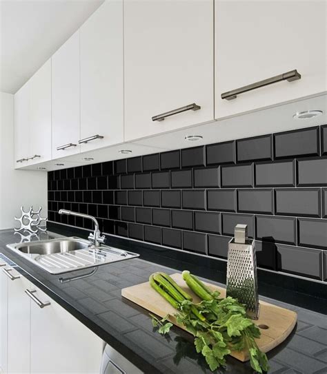 Metro Fliese schwarz glänzend 10x20cm Subway Wandfliese Küche Bad Facettenfliese | Kitchen tiles ...