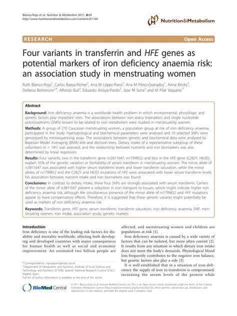 (PDF) Variants in Transferrin Gene Affect Iron Metabolism and Response to an Iron Supplemented ...