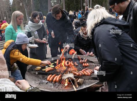 People grilling sausages on a public fireplace on Seurasaari island in ...