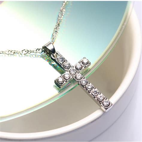 Cheap Shiny Silver Rhinestone Cross Pendant Necklace Woman Sweet Simple ...