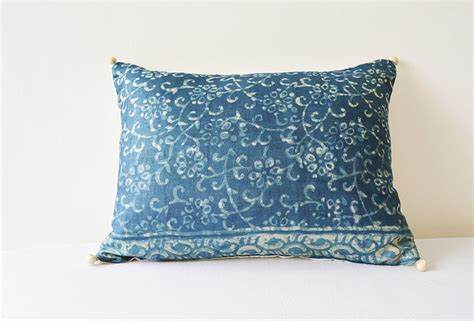 Indigo Batik Printed Silk Pillow Cover , Floral Blue Batik Print Pillow Cover , Block Print ...