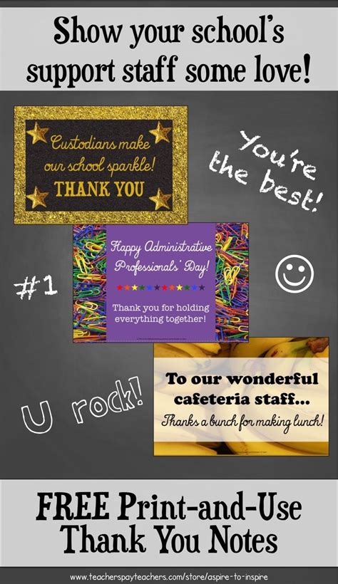 Freebie Support Staff Thank You Notes | Grades 3-6 | School - Administrative Professionals Cards ...