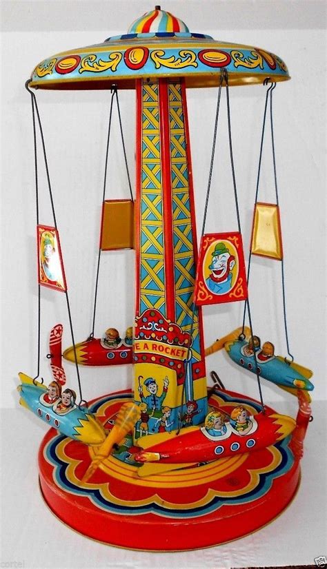 VINTAGE J.CHEIN ROCKET RIDE LARGE CARNIVAL AMUSEMENT PARK TIN WIND UP TOY 1950's | Retro toys ...