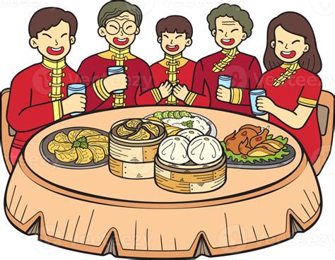 Hand Drawn Chinese family with Chinese food table illustration 17182130 PNG
