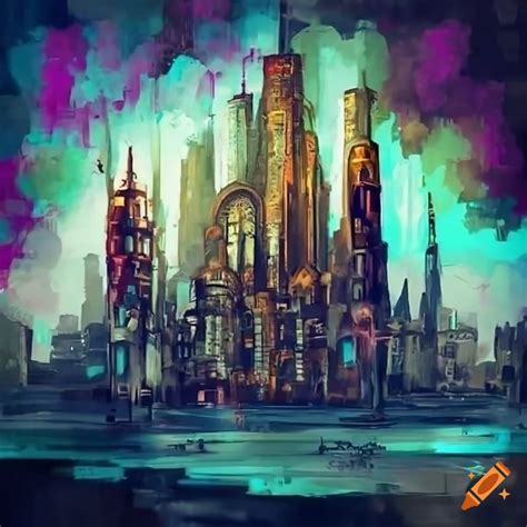 Steampunk cityscape with magical beings and steam