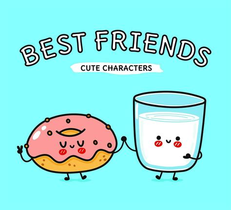 Pink donut and glass of milk character. Vector hand drawn cartoon ...