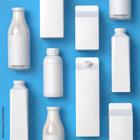 Top viewed 5 types of blank lying milk packaging on the blue background ...