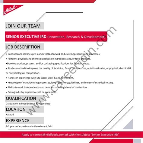 Hilal Foods Pvt Ltd Jobs Senior Executive IRD