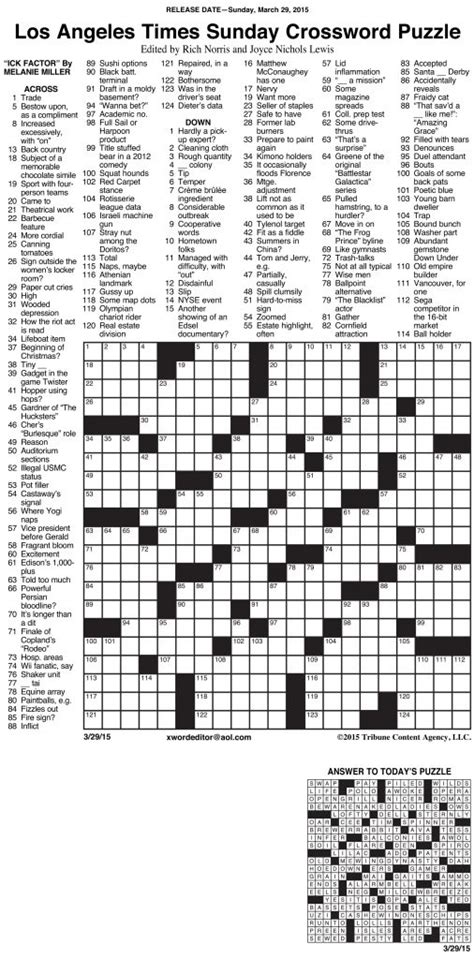 Sample Of Los Angeles Times Sunday Crossword Puzzle | Tribune ...