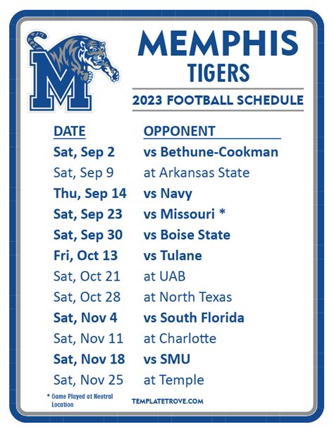 Printable 2023 Memphis Tigers Football Schedule