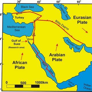 A simplified map showing the Gulf of Suez region around the plate ...