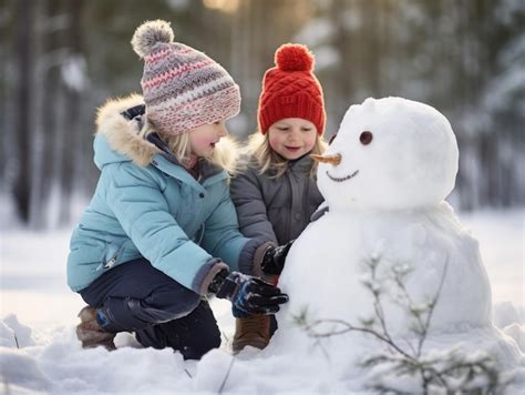 Kids building a snowman in winter day | Premium AI-generated image