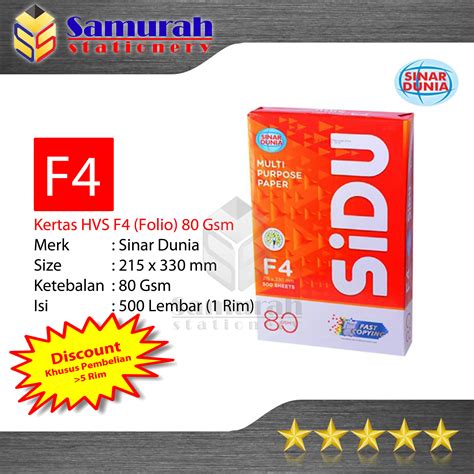 Kertas HVS Sinar Dunia Folio /F4 80 Gsm / HVS Sidu F4 80 Gram / Kertas ...