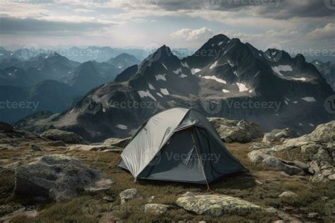 Camping tent with amazing view on mountain landscape at sunset. Generative AI 23602274 Stock ...