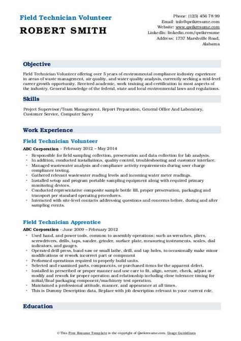 Field Technician Resume Samples | QwikResume