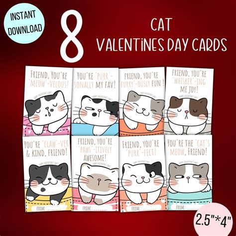 Printable Cute Cat Valentine's Cards for Kids, Cute Cats Kitten Classroom Valentines Cards, Cat ...