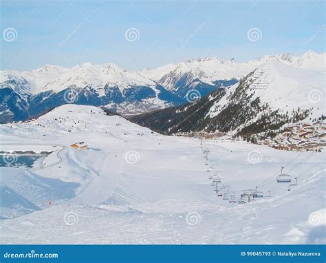 Paradiski Winter Ski Resort, France Town and Slopes Aerial View Stock ...