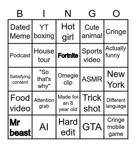 YT Shorts Bingo Card