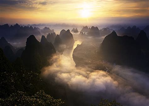 nature, Landscape, Sunrise, Mist, Mountains, River, Shrubs, Sky, Town, Road, Guilin, China ...