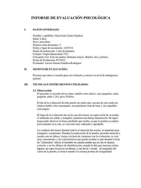 Test de Cattell Escala 1 Informe de Evaluación Psicologica | PDF | Cociente de inteligencia ...