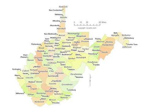 State of West Virginia County Map with the County Seats - CCCarto