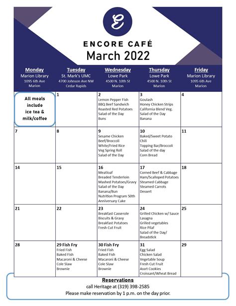 Encore Café Menu – March 2022 — Heritage Area Agency on Aging