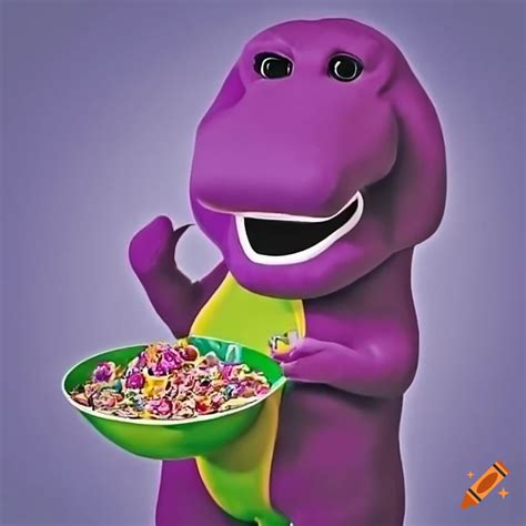 Barney the purple dinosaur enjoying breakfast