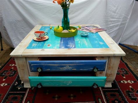 Vintage style beachy coffee table in whitewash and shades of blue | Beachy coffee table ...