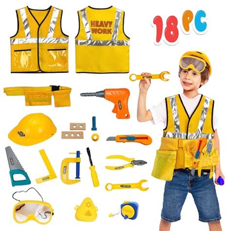 Kids Engineer Construction Worker Costume Safety Vest Boys Role Play Toy Set 18pcs Cosplay ...