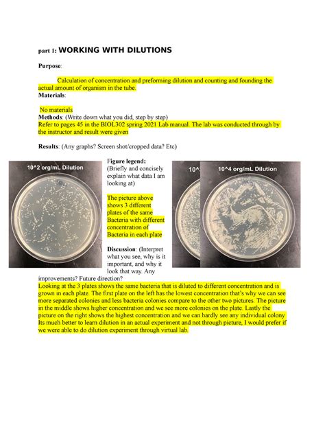 Dilution and Bacterial part 1ID - part 1: WORKING WITH DILUTIONS Purpose : Calculation of - Studocu