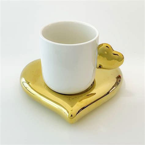 Cute Coffee Mug White Mug ( Heart Shaped Golden Colour Tray ) - Angroos