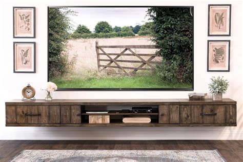 Farmhouse Rustic Wood Floating TV Stand Entertainment Center Spice ...