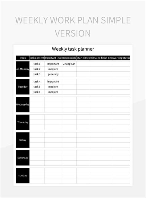 Simple Online Editing Version Of Weekly Work Schedule Excel Template And Google Sheets File For ...