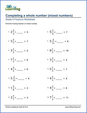 Grade 5 Fractions Worksheets: Completing whole numbers | K5 Learning