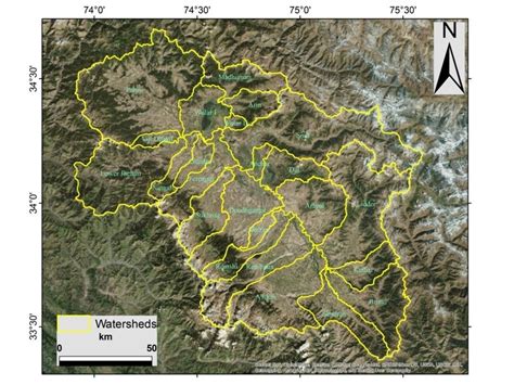 Map showing the watersheds of river Jhelum and its tributaries in ...