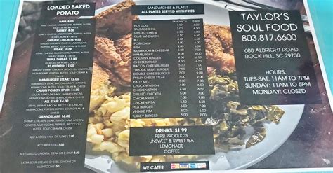 Menu at Taylor's Soul Food restaurant, Rock Hill