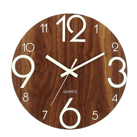 Luminous Wall Clock, 12 Inch Wooden Silent Non-Ticking Kitchen Wall Clocks with Night Lights for ...